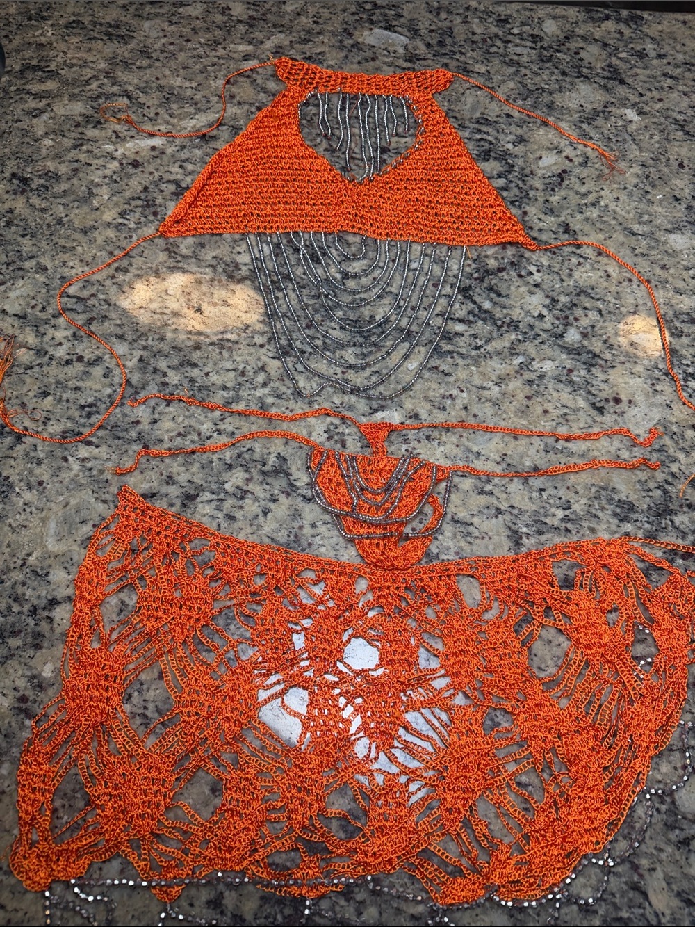 3 piece Handmade Orange Crochet Bikini Top and Skirt Set